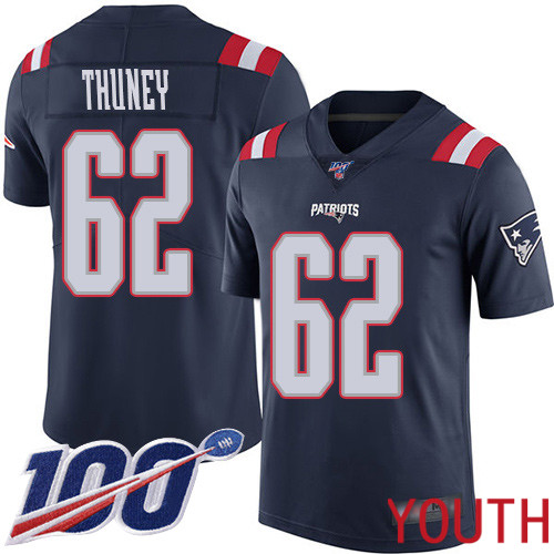 New England Patriots Football 62 100th Season Rush Vapor Limited Navy Blue Youth Joe Thuney NFL Jersey